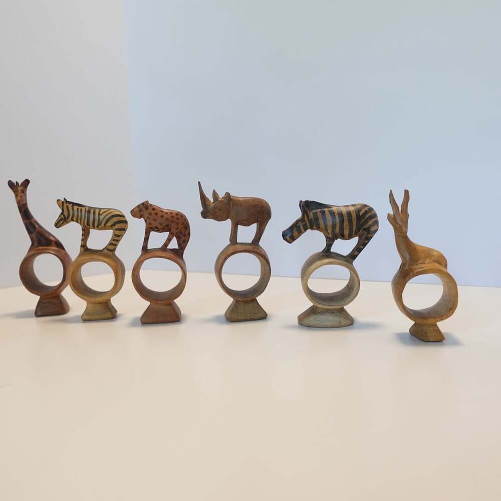 Vintage Hand Carved African Safari Animal Wooden Napkin Rings Set of 6